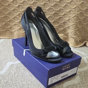 Stuart Weitzman Black Satin Peep-Toe Pumps w/ Rhinestone Bow - Size 8
